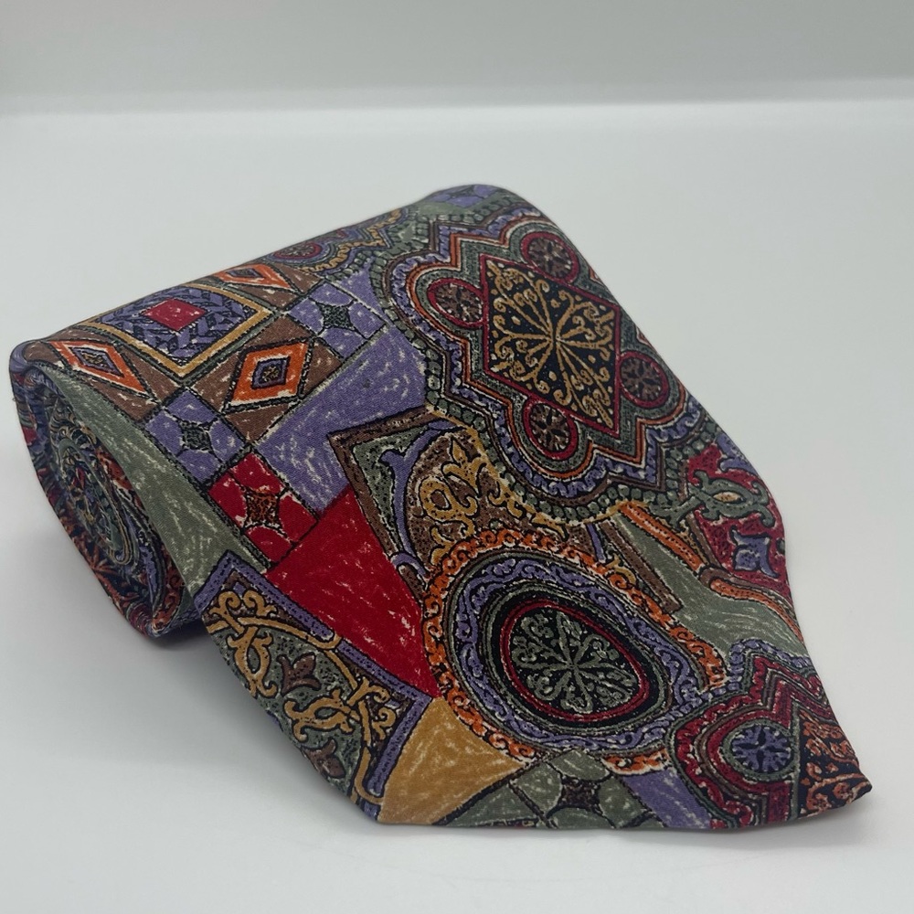 Chez Roffe Red Blue Gold Abstract Silk Necktie - Picture 2 of 6